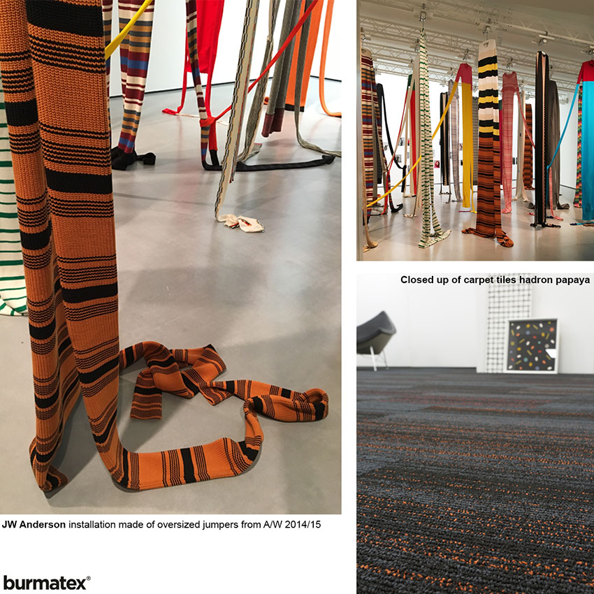 Views from Disobedient Bodies exhibition presented alongside pictures of burmatex hadron carpet tiles.