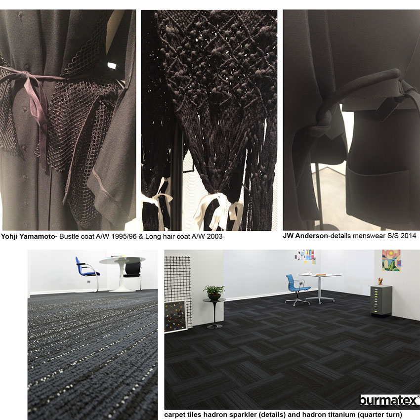 Views from Disobedient Bodies exhibition presented alongside pictures of burmatex hadron carpet tiles.